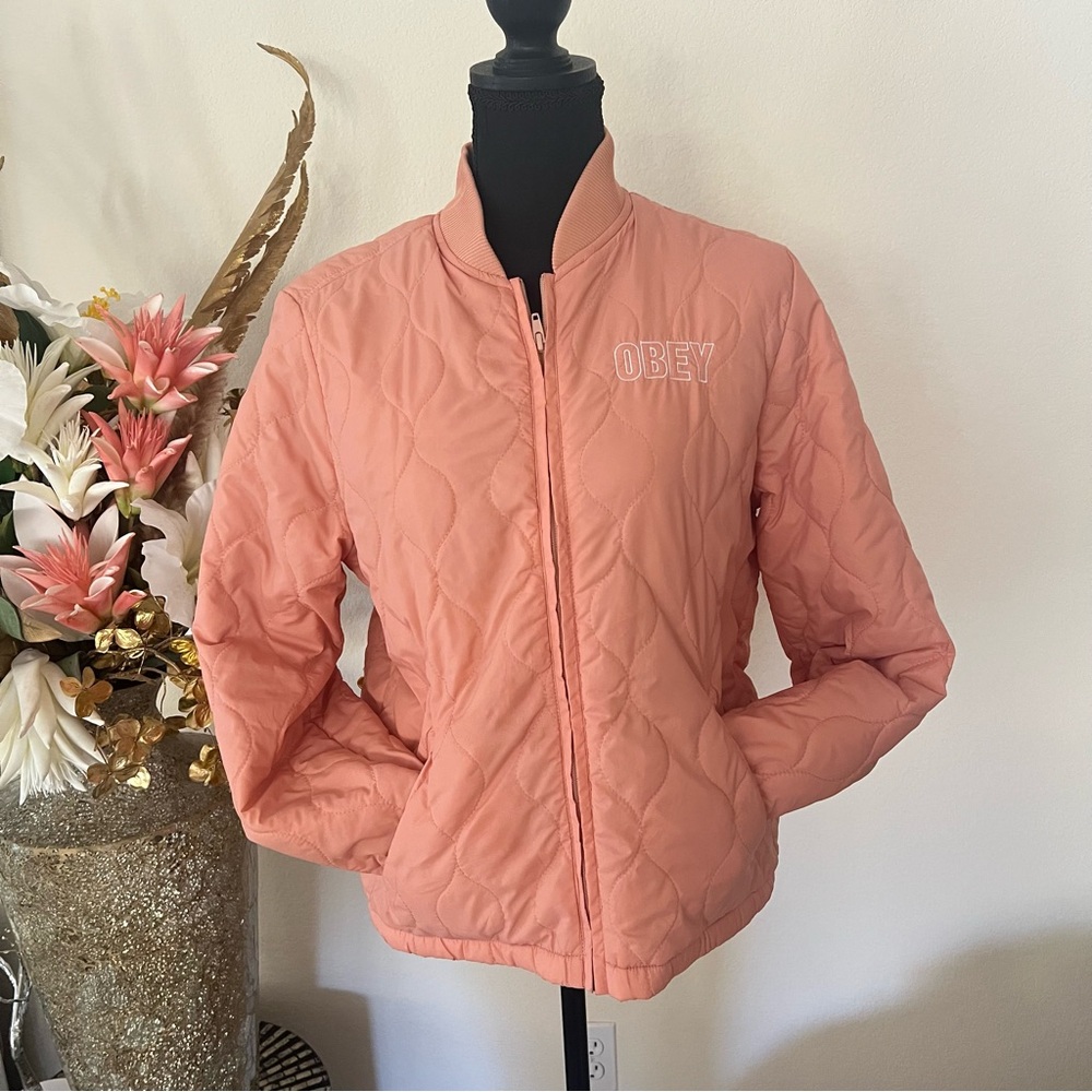 Obey Quilted Pink / Peach Embroidered Logo Puffer Jacket size Medium